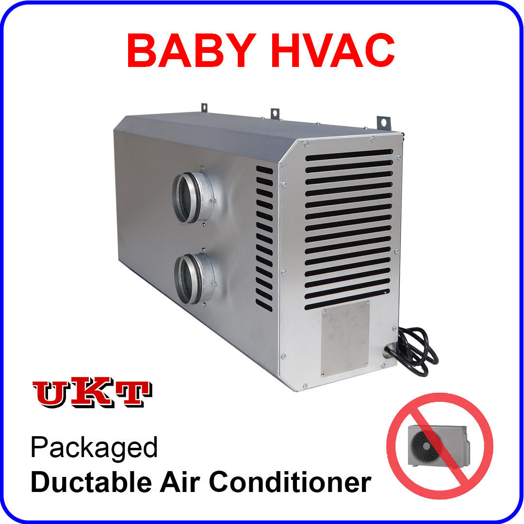 The UKT BABY Ductable is an ultra-compact AC that requires no external unit. Designed to hide inside furniture, cabinetry, and elevator ventilation systems.