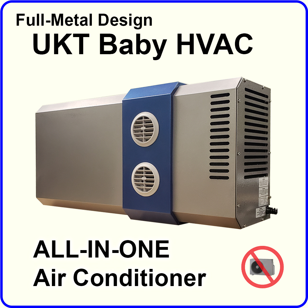 The UKT Baby Type HVAC is a compact, all-in-one, indoor-mounted air conditioner and heat pump that operates without an external condenser unit. Utilizing patented single-hole technology, it provides efficient cooling, heating, and ventilation
