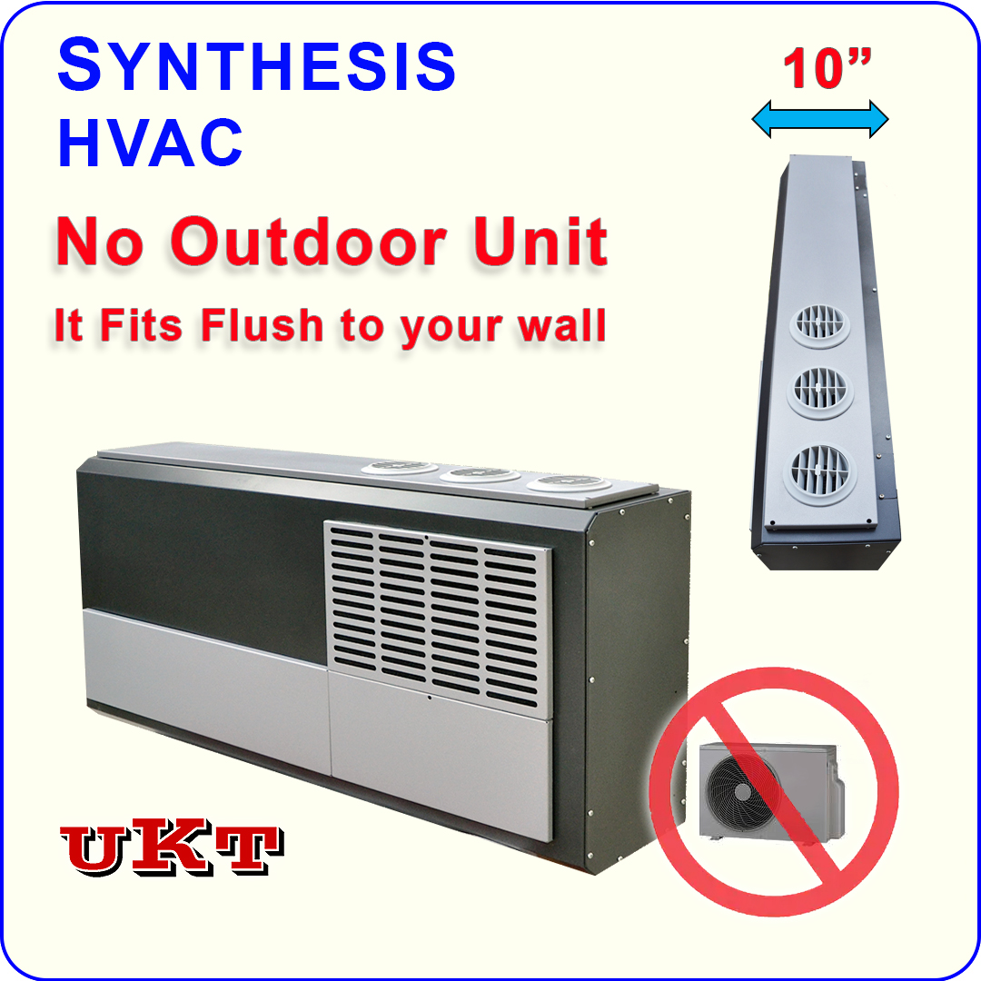 The UKT Synthesis HVAC is an all-in-one, ductless air conditioner and heat pump that operates without an outdoor unit, utilizing a 10-inch profile for flush-mount, hotel-style installation. It serves as a direct, all-metal PTAC replacement, offering 9,500 to 12,500 Btu of cooling and 14,000 Btu of heating for residential and commercial applications. 