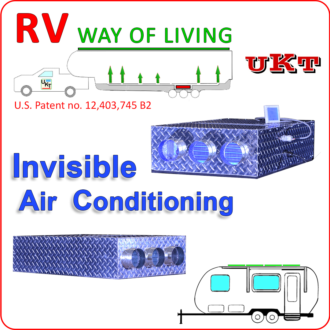 The UKT INVISIBLE HVAC is a no-rooftop air conditioner for RVs and trailers. Features a splashproof, corrosion-resistant design for under-deck installation.