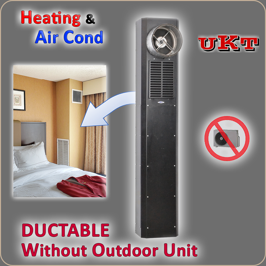 The UKT VERTICAL DUCTABLE is an all-in-one indoor HVAC system for hotel & heritage renovations. Features UKT concentric ducting and optional hydronic heating.